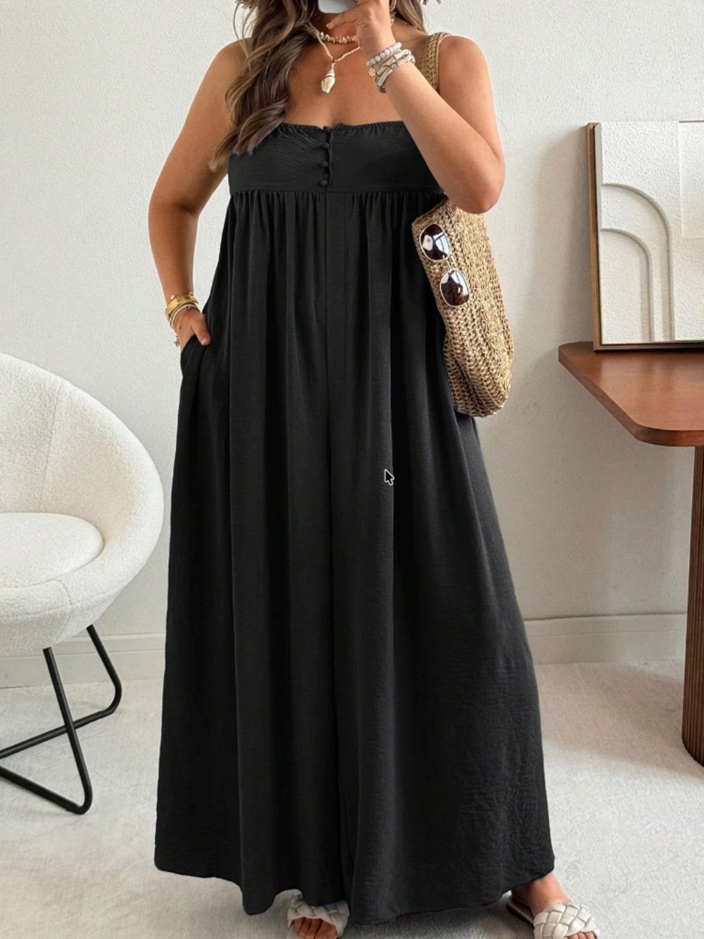 Plus Solid Button Flowy High Waisted Wide leg Jumper Jumpsuit - Picture 4 of 12